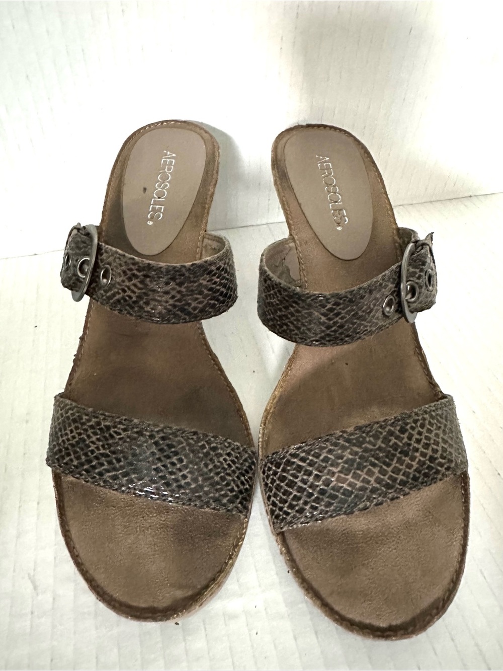 AEROSOLES Grey Snake-Effect Buckle Slide Sandals